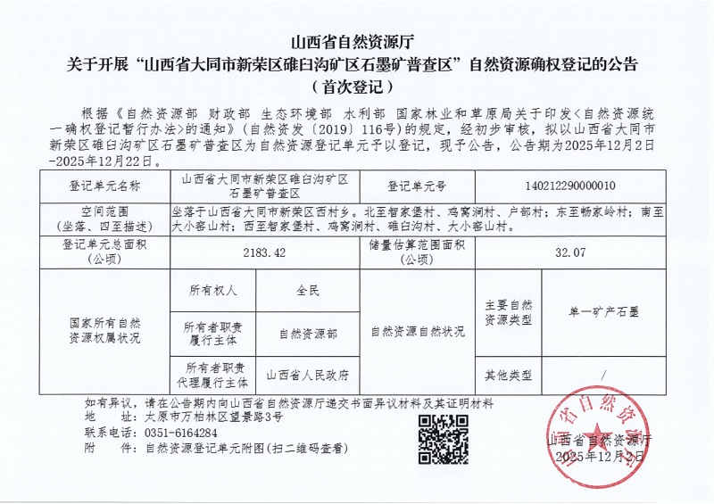 山西省自然資源廳關于開展“山西省大同市新榮區碓臼溝礦區石墨礦普查區”自然資源確權登記的公告(首次登記)